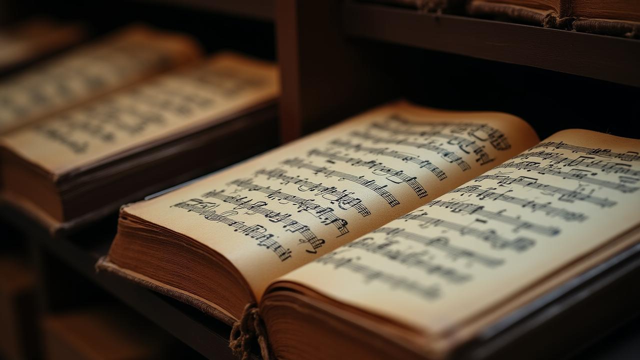 Close up of vintage leather-bound music scores in our Dublin library