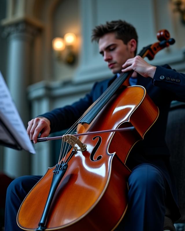 Cellist performing in front of rare music archives