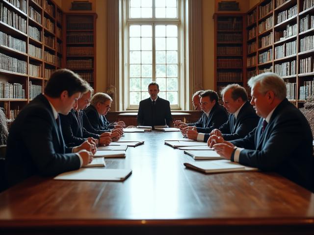 Group of adults discussing musical scores in a heritage setting
